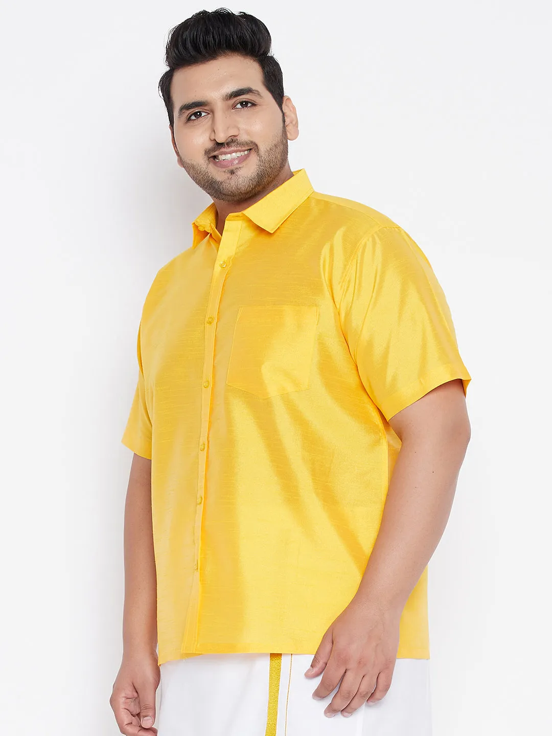 Men's Plus Yellow Silk Blend Ethnic Shirt - Vastramay