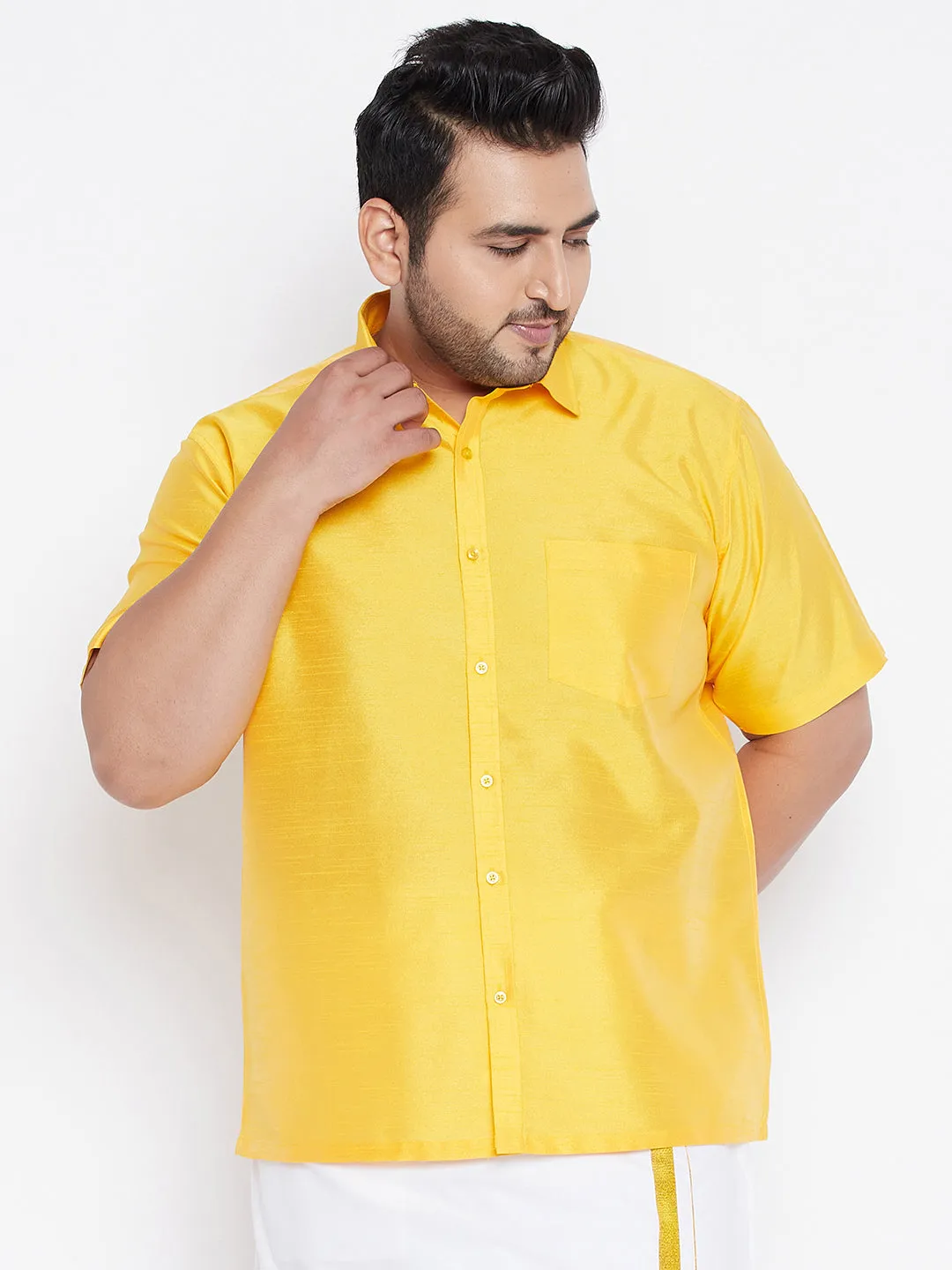 Men's Plus Yellow Silk Blend Ethnic Shirt - Vastramay