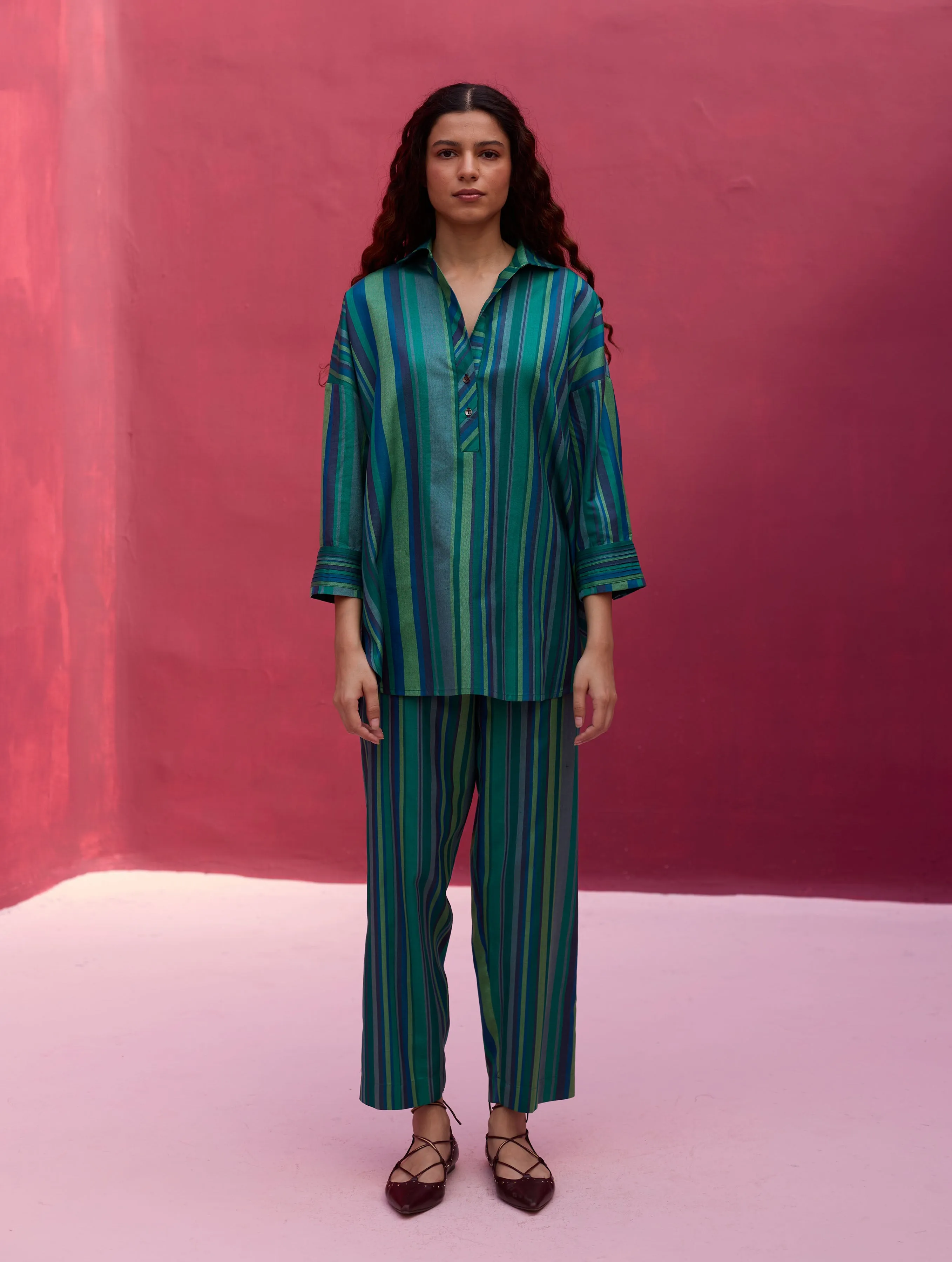 Nadia Stripe Silk Co-ord Set - Peacock