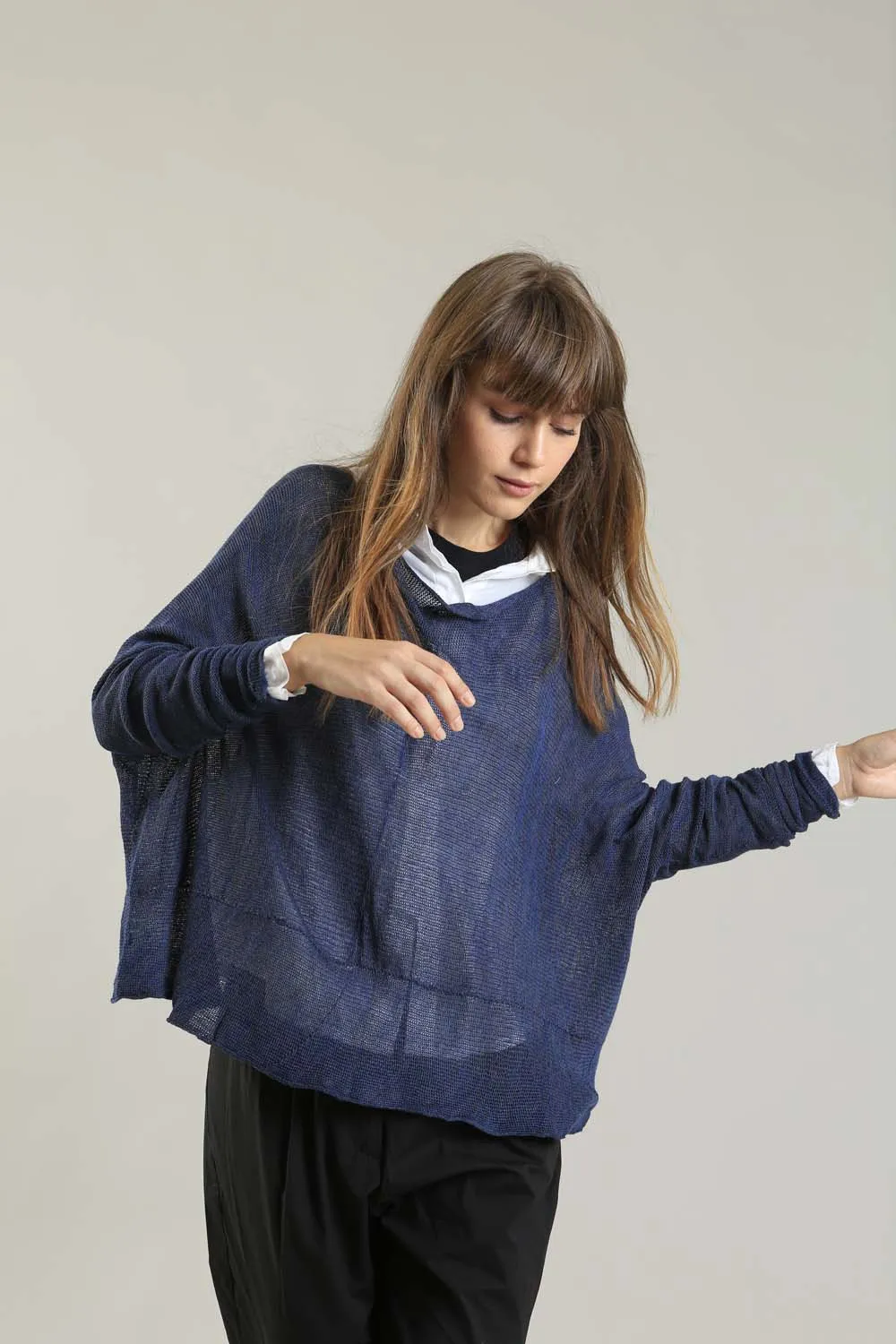 Navy Blue Charcoal boat neck Oversize knitted shirt with Long Sleeves