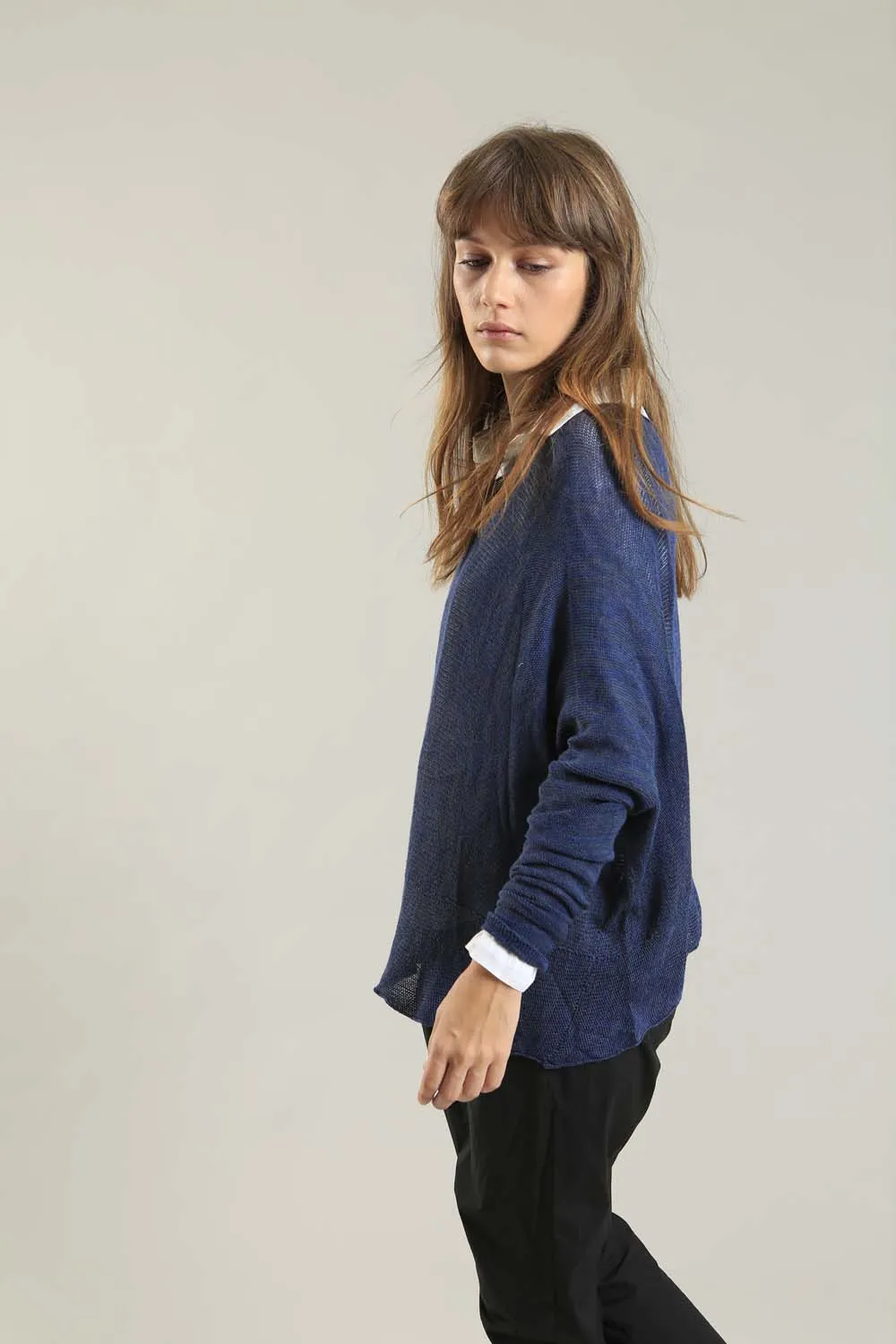 Navy Blue Charcoal boat neck Oversize knitted shirt with Long Sleeves