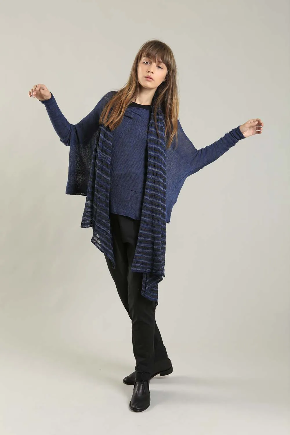 Navy Blue Charcoal boat neck Oversize knitted shirt with Long Sleeves