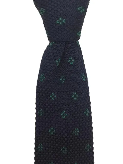 Navy Blue Men's Knitted Tie with Green Motif