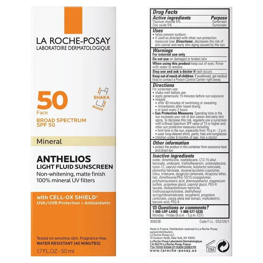 New - La Roche-Posay Anthelios Ultra-Light Fluid Mineral Face Sunscreen with Zinc