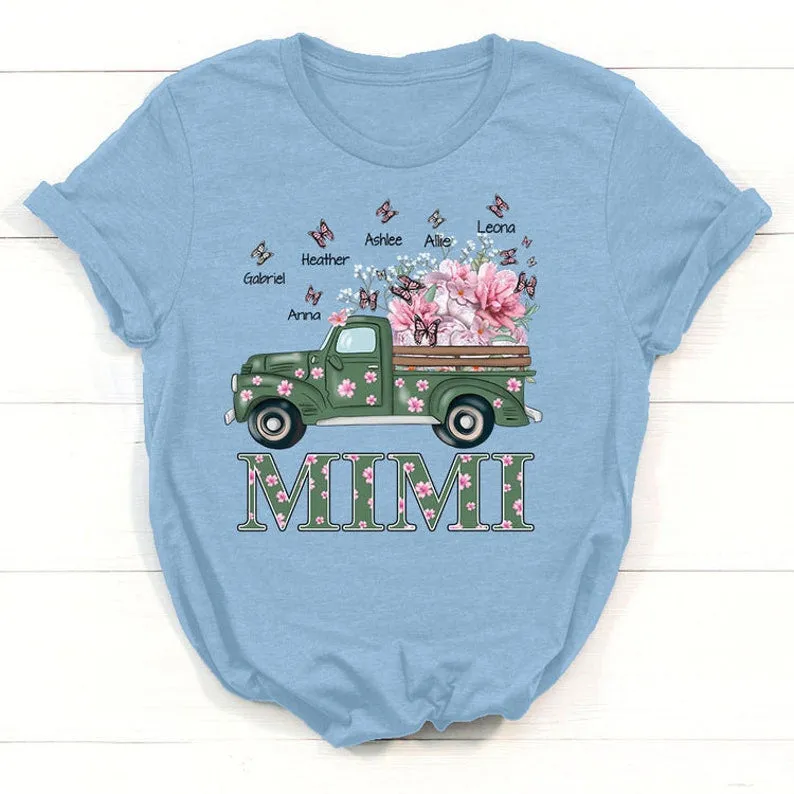 Personalized Flowers Spring Truck Grandma Shirt with Grandkids Butterflies Name Shirt