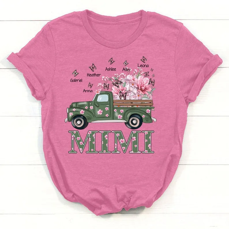 Personalized Flowers Spring Truck Grandma Shirt with Grandkids Butterflies Name Shirt