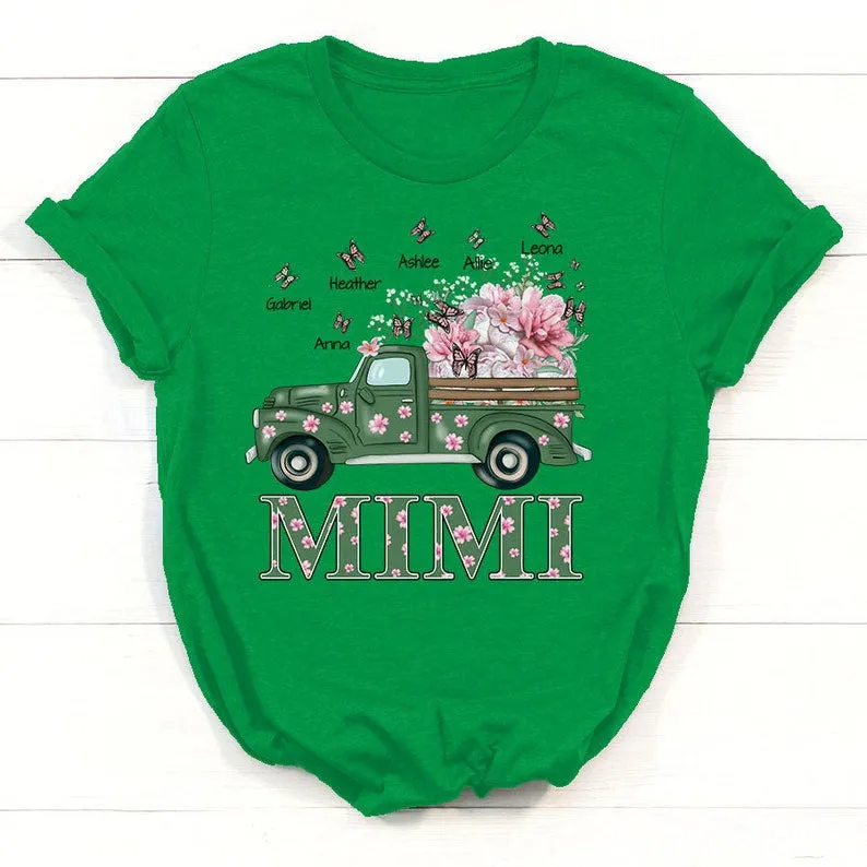 Personalized Flowers Spring Truck Grandma Shirt with Grandkids Butterflies Name Shirt