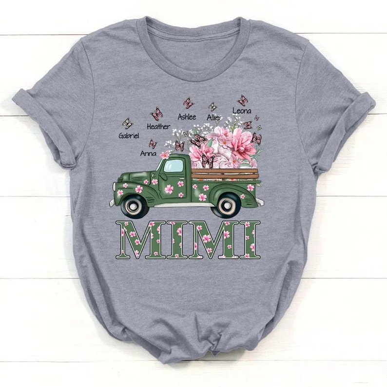 Personalized Flowers Spring Truck Grandma Shirt with Grandkids Butterflies Name Shirt