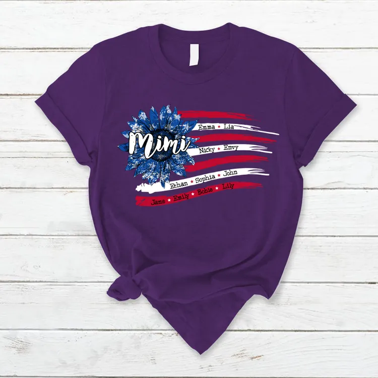 Personalized Grandma with Grandkids Sunflower American Flag T-Shirt