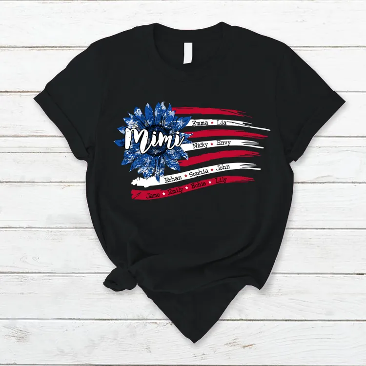 Personalized Grandma with Grandkids Sunflower American Flag T-Shirt