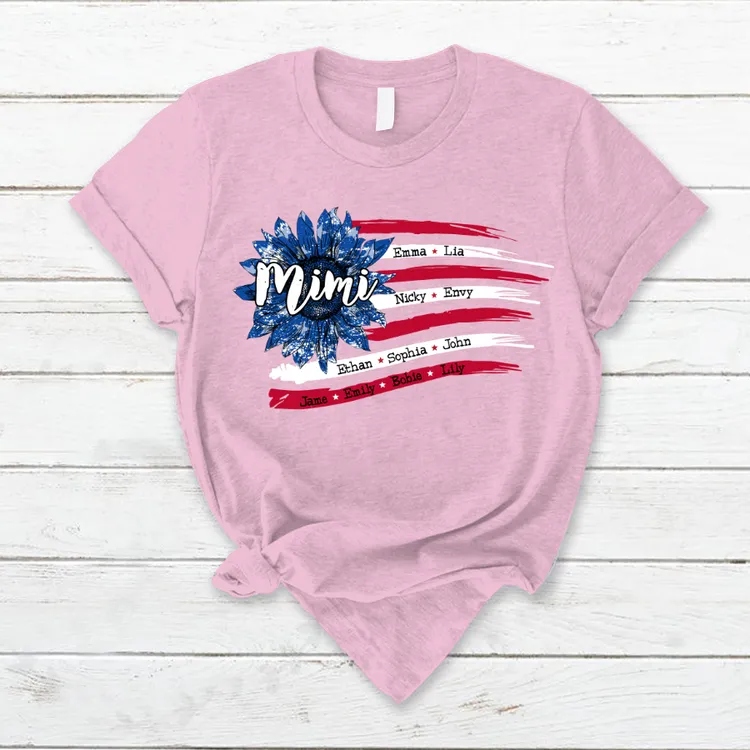 Personalized Grandma with Grandkids Sunflower American Flag T-Shirt