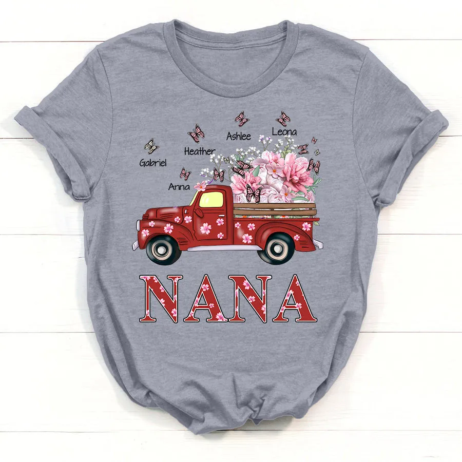 Personalized Nana Red Truck Flowers with Grandkid Names, Gift for Grandma