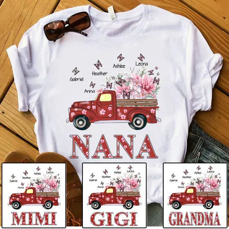 Personalized Nana Red Truck Flowers with Grandkid Names, Gift for Grandma