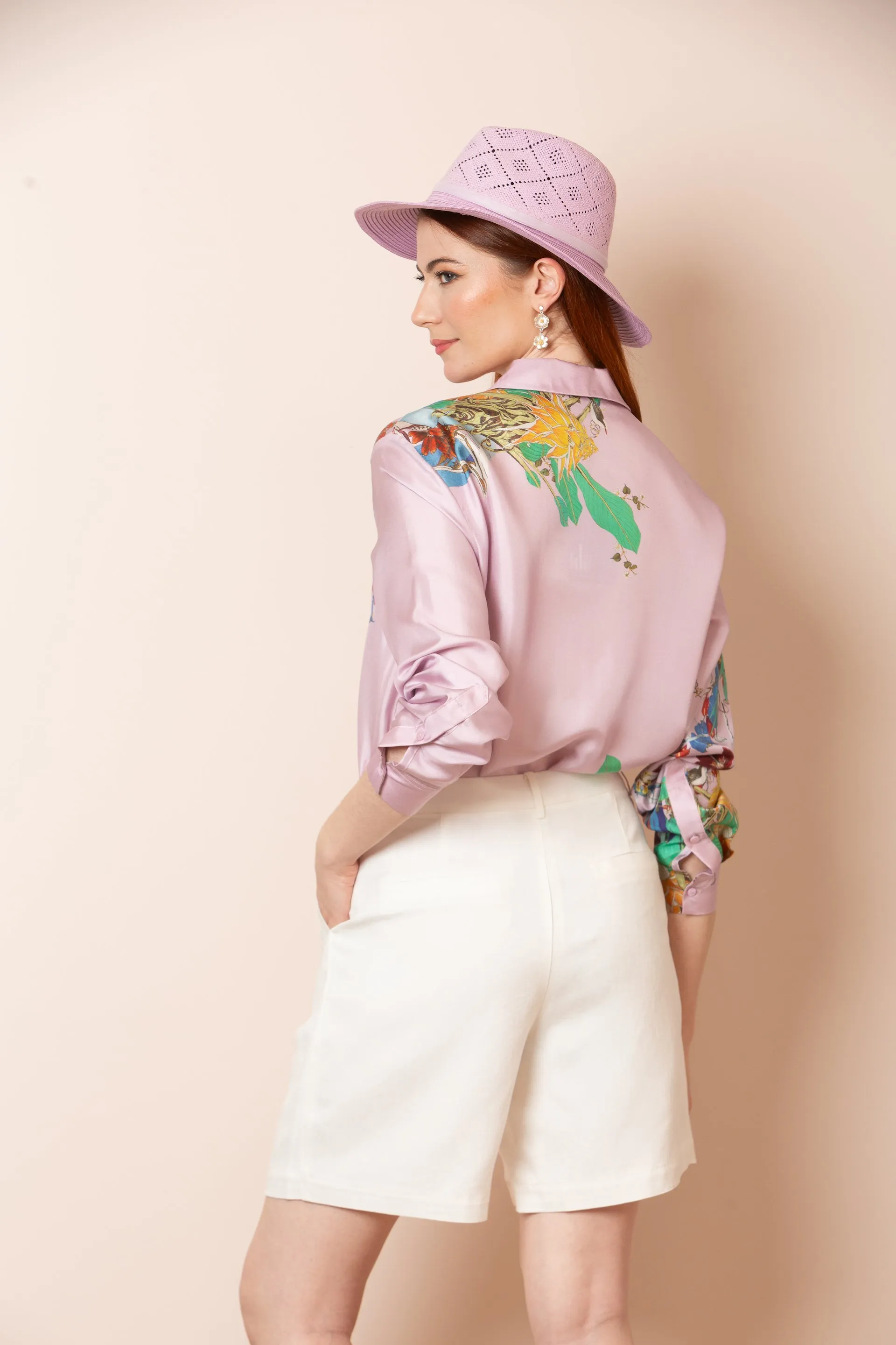 Quinn Silk Twill Artistic Print Button Down Shirt in Lilac