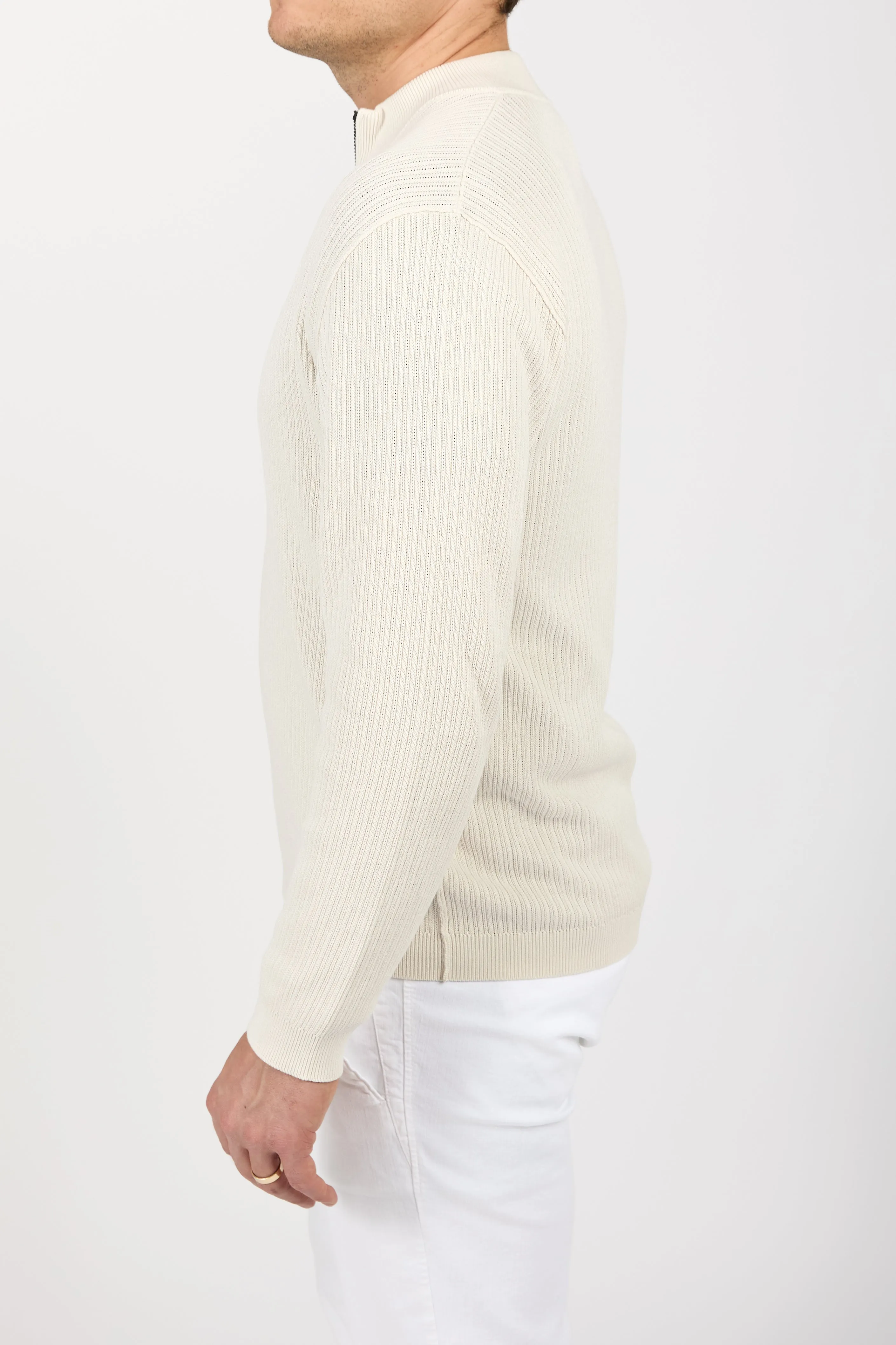 Ribbed Cotton Zip-Up Cardigan in Ice