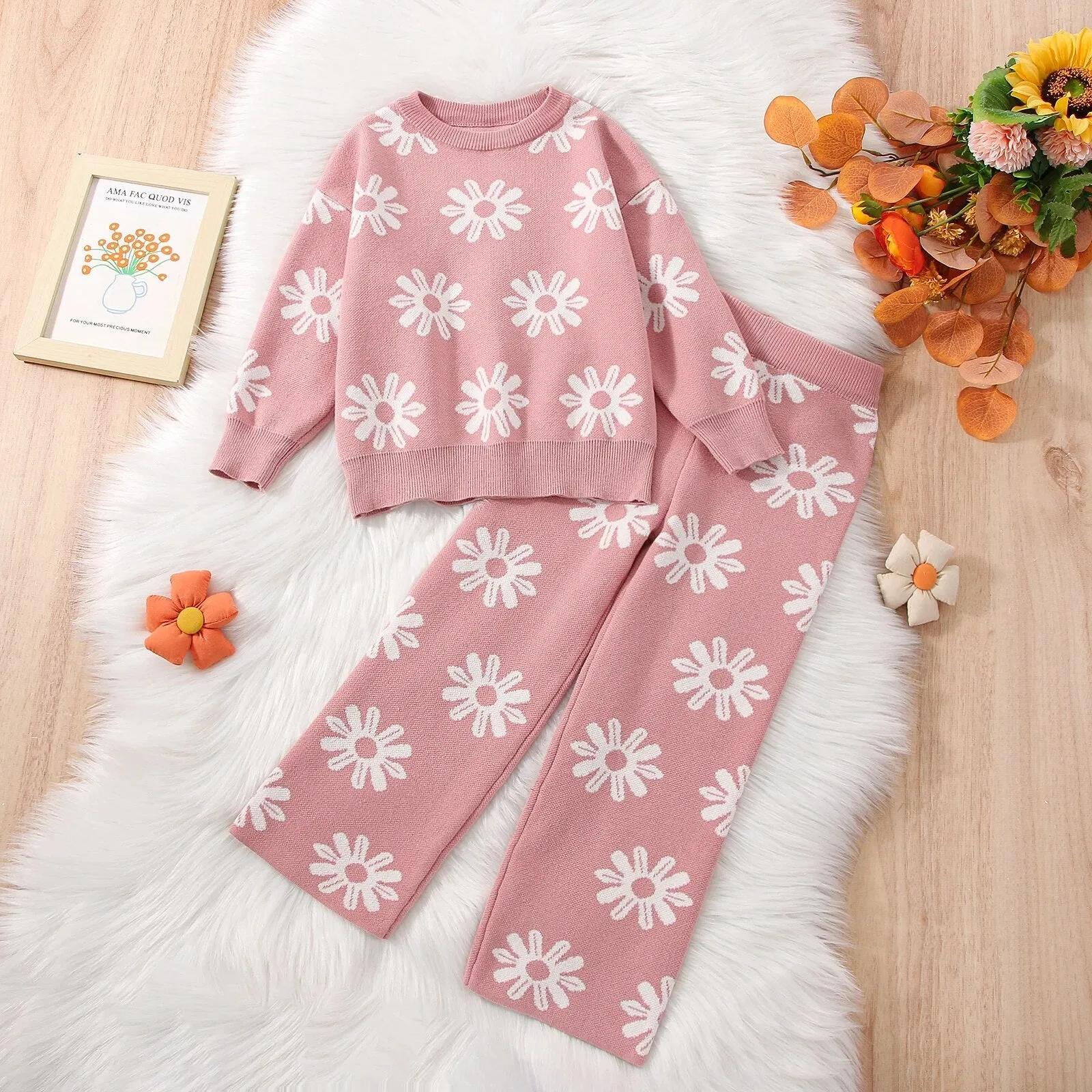 Sunflowers Knitted Girls Clothes Set - Sweater Tops Wide Leg Pants