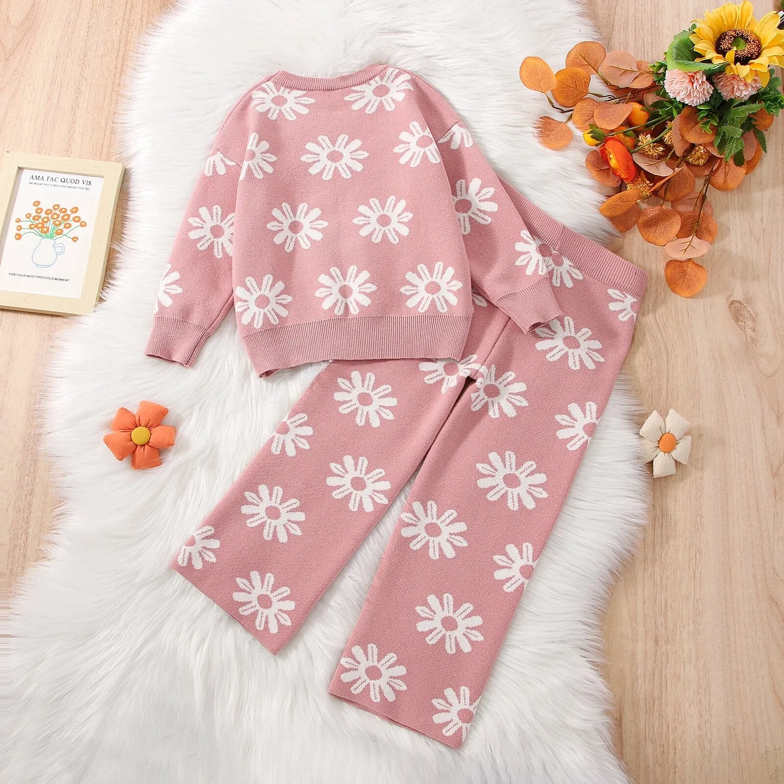 Sunflowers Knitted Girls Clothes Set - Sweater Tops Wide Leg Pants