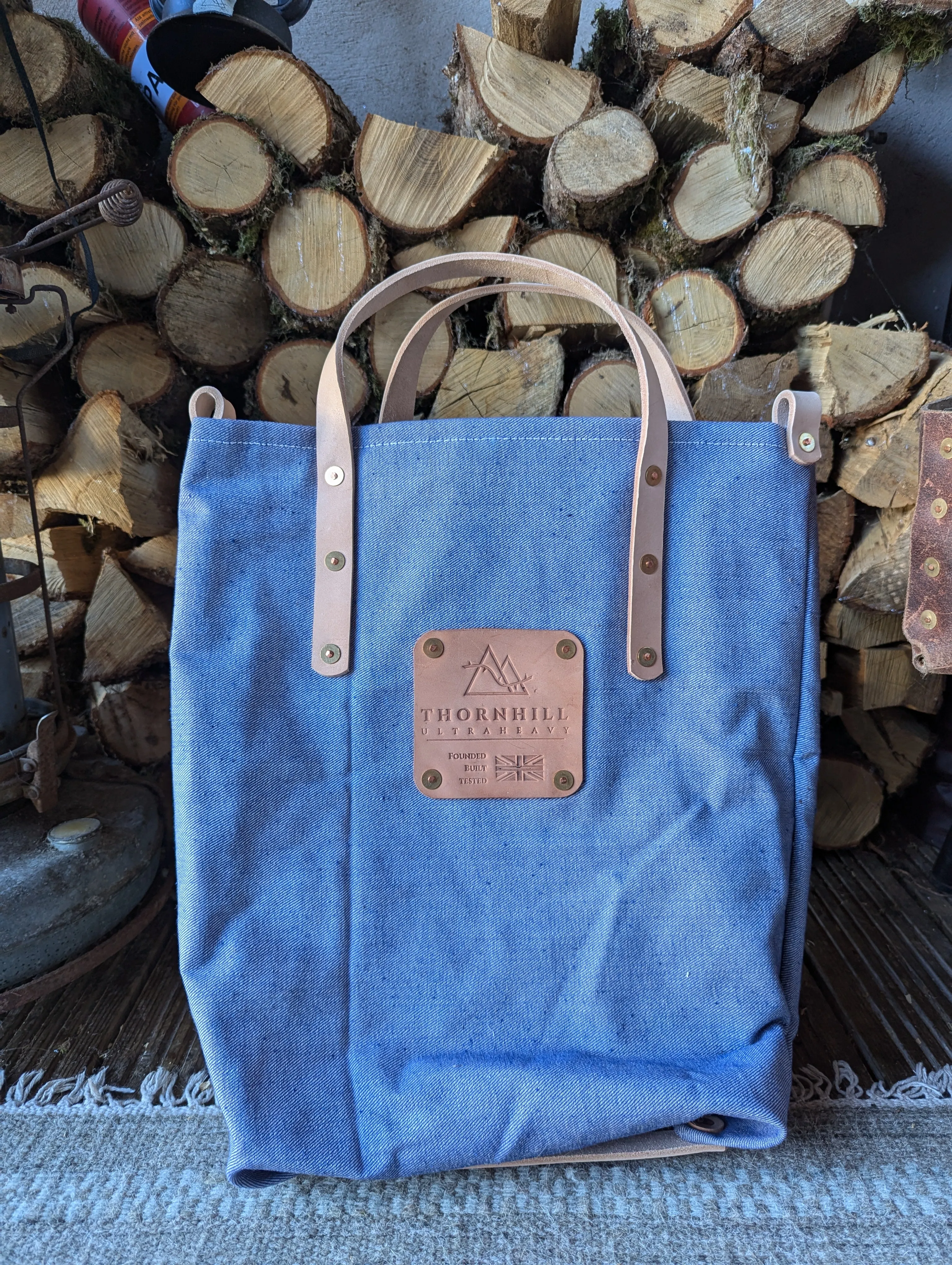 Tote bags, double-lined denim or canvas with leather handles