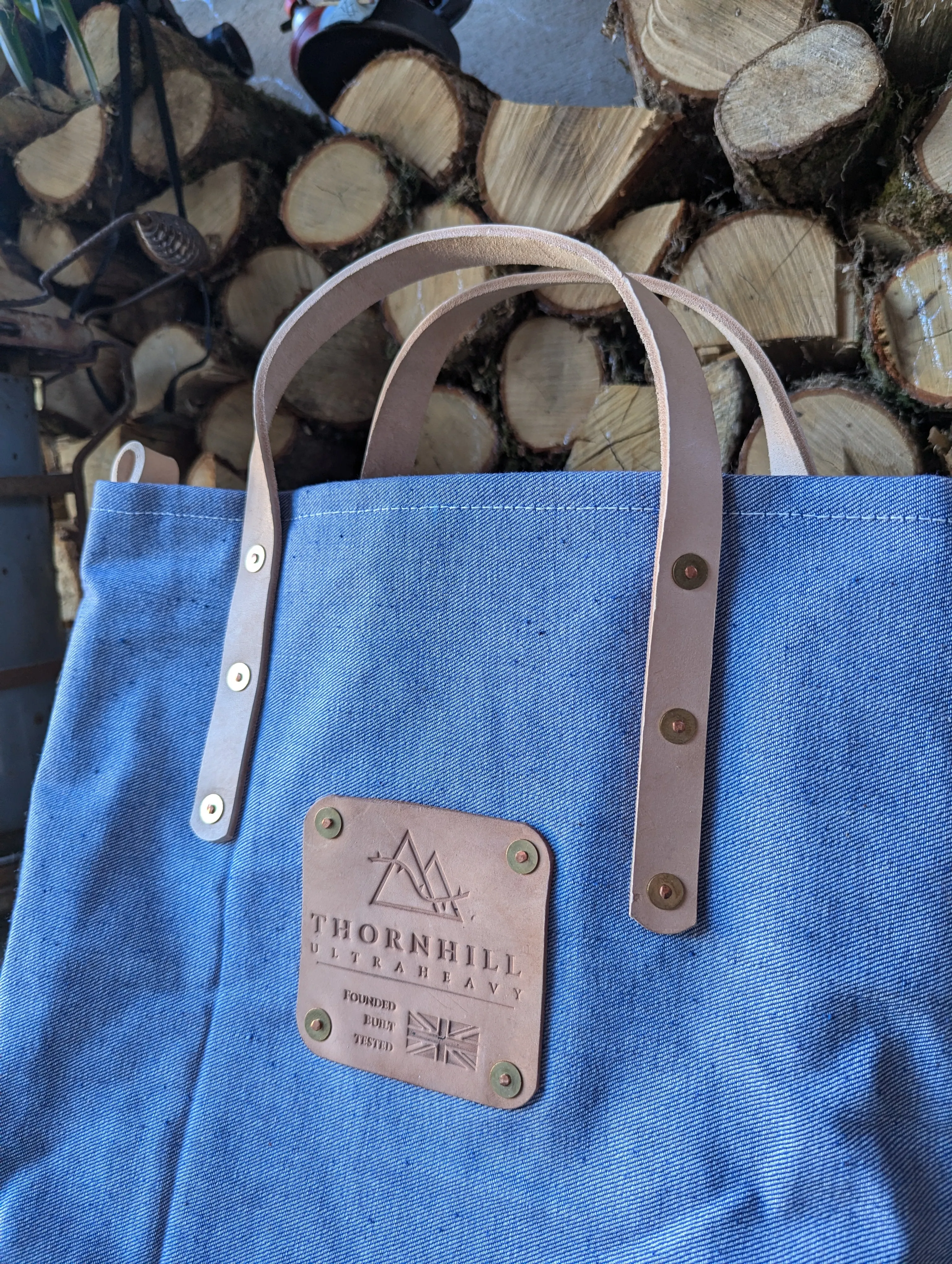 Tote bags, double-lined denim or canvas with leather handles