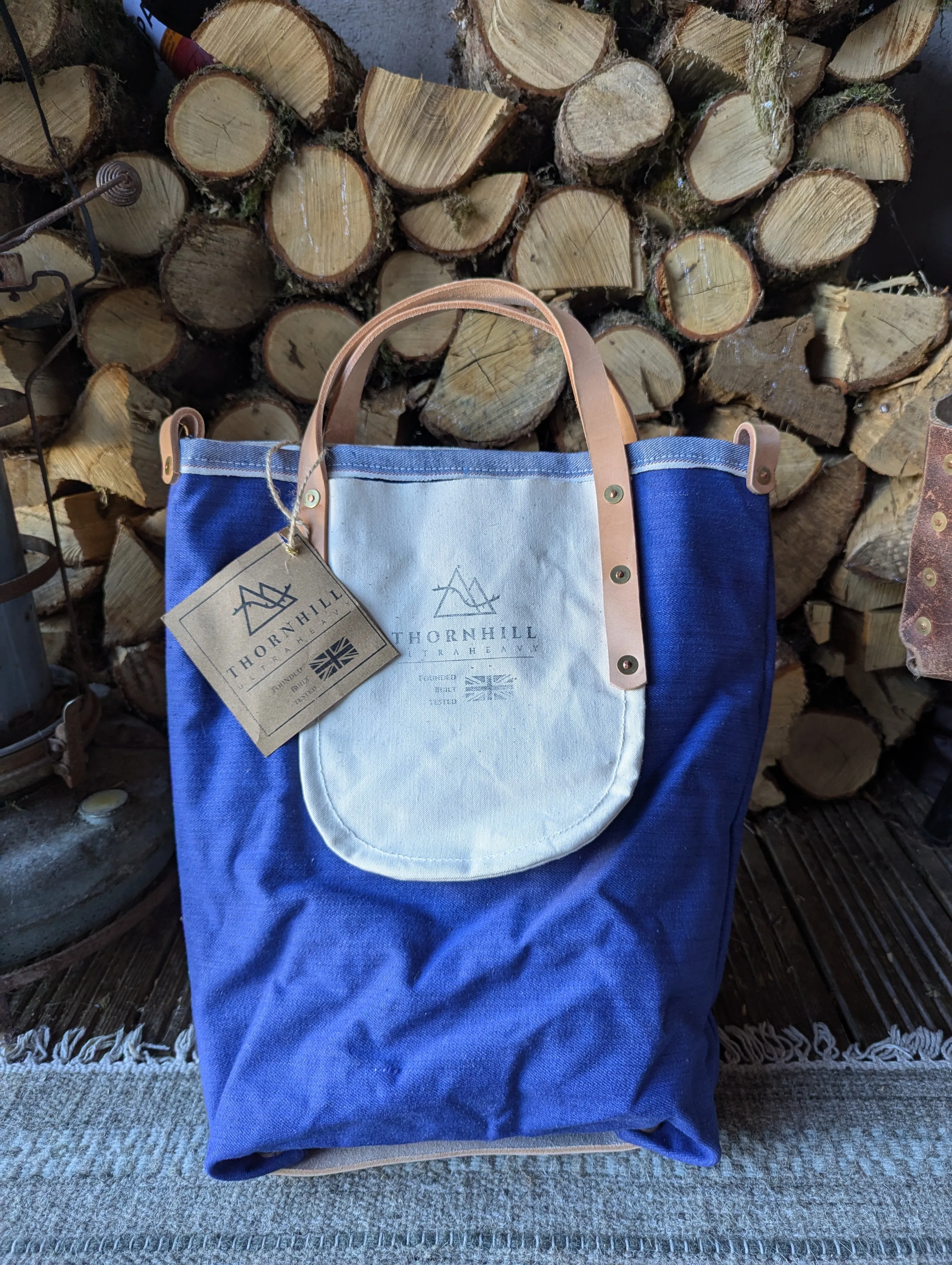 Tote bags, double-lined denim or canvas with leather handles