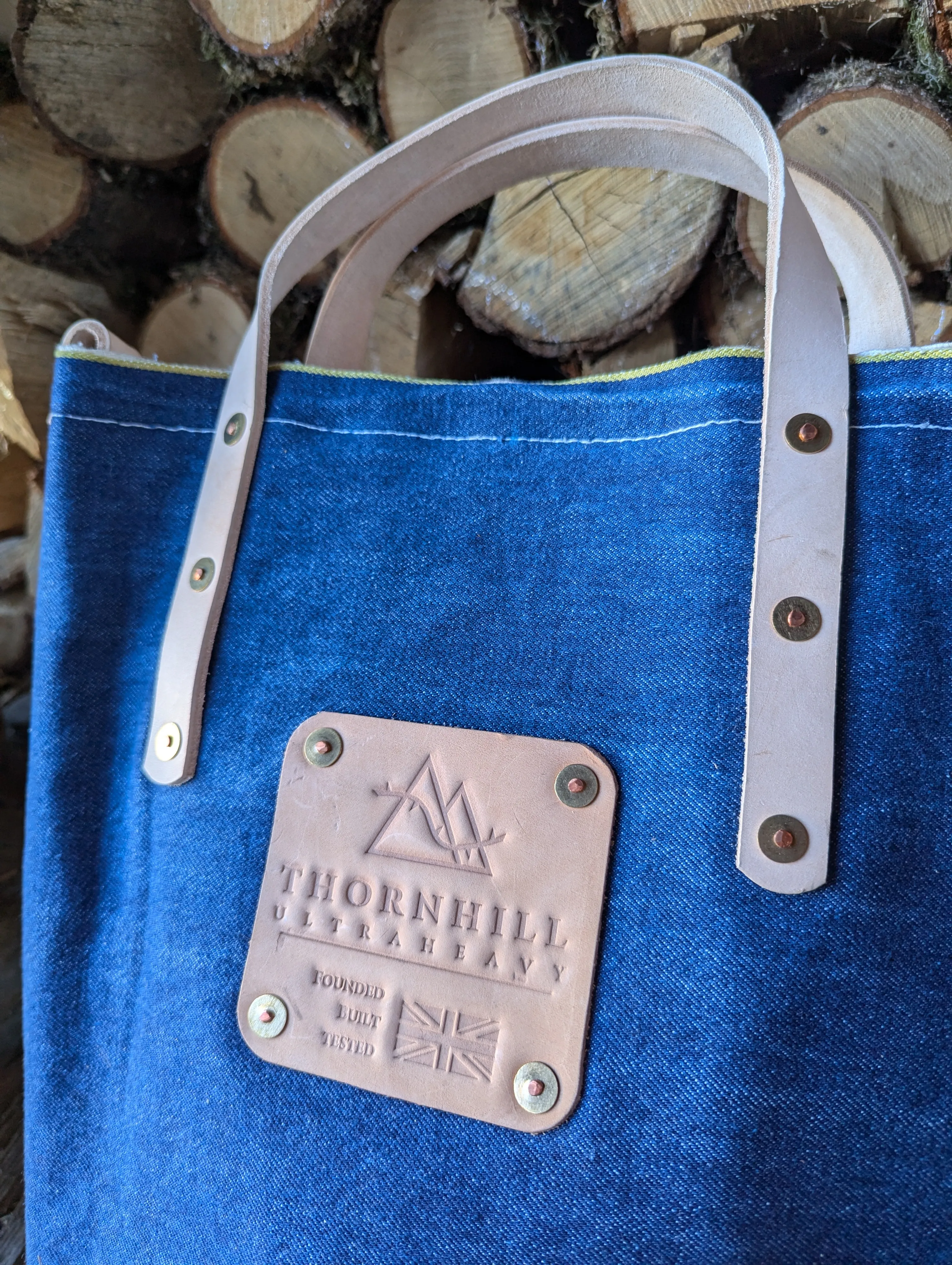 Tote bags, double-lined denim or canvas with leather handles