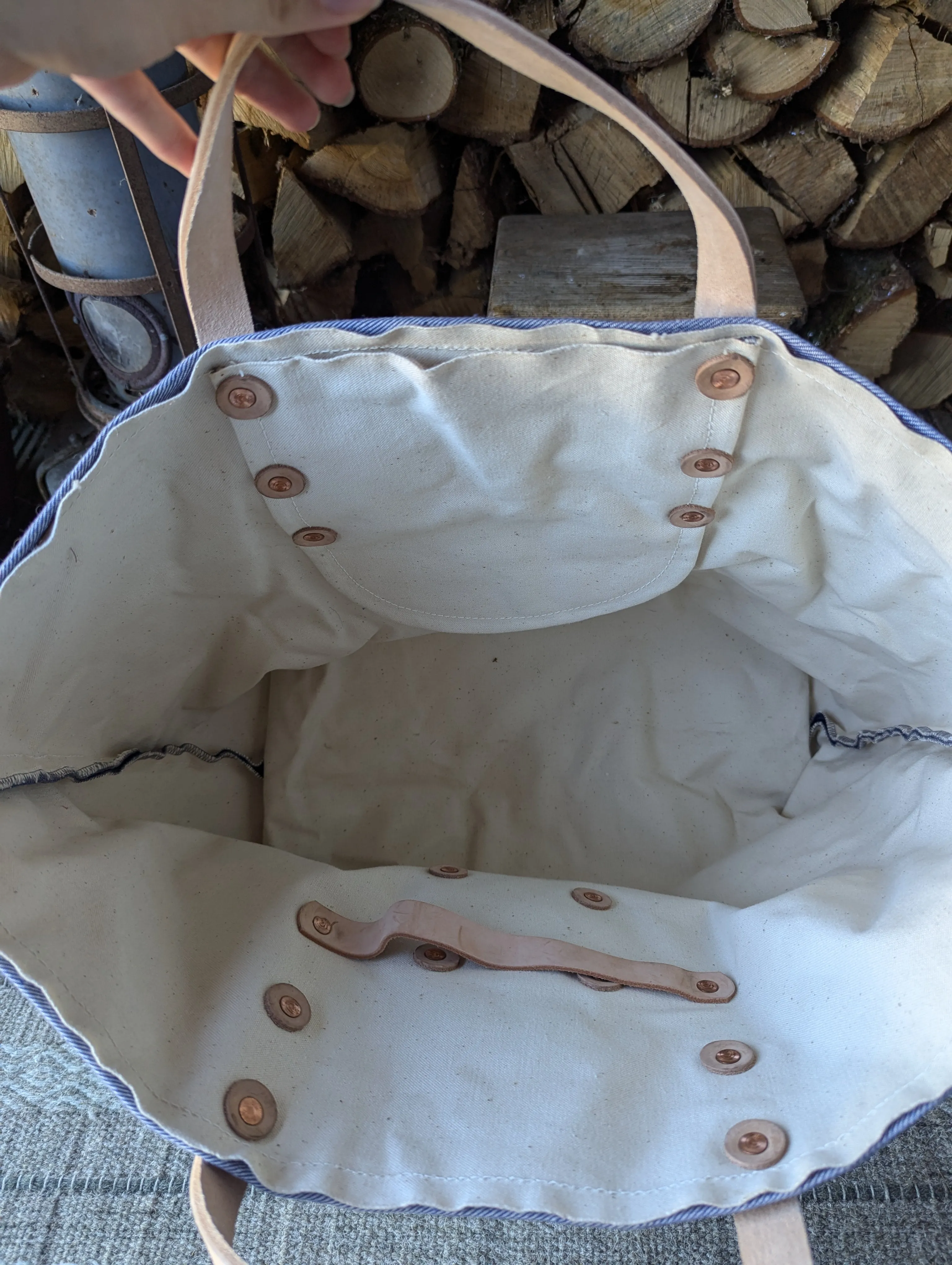 Tote bags, double-lined denim or canvas with leather handles