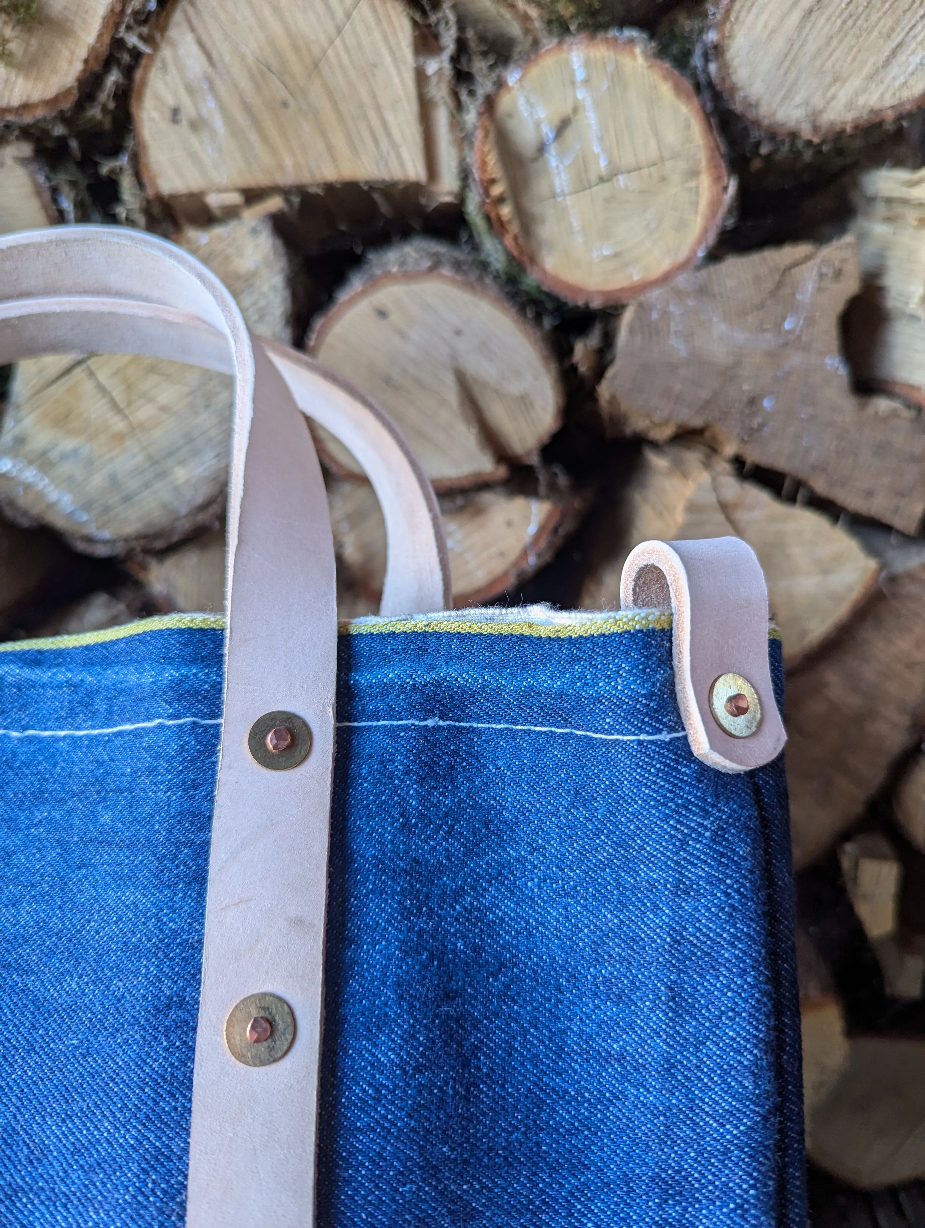 Tote bags, double-lined denim or canvas with leather handles