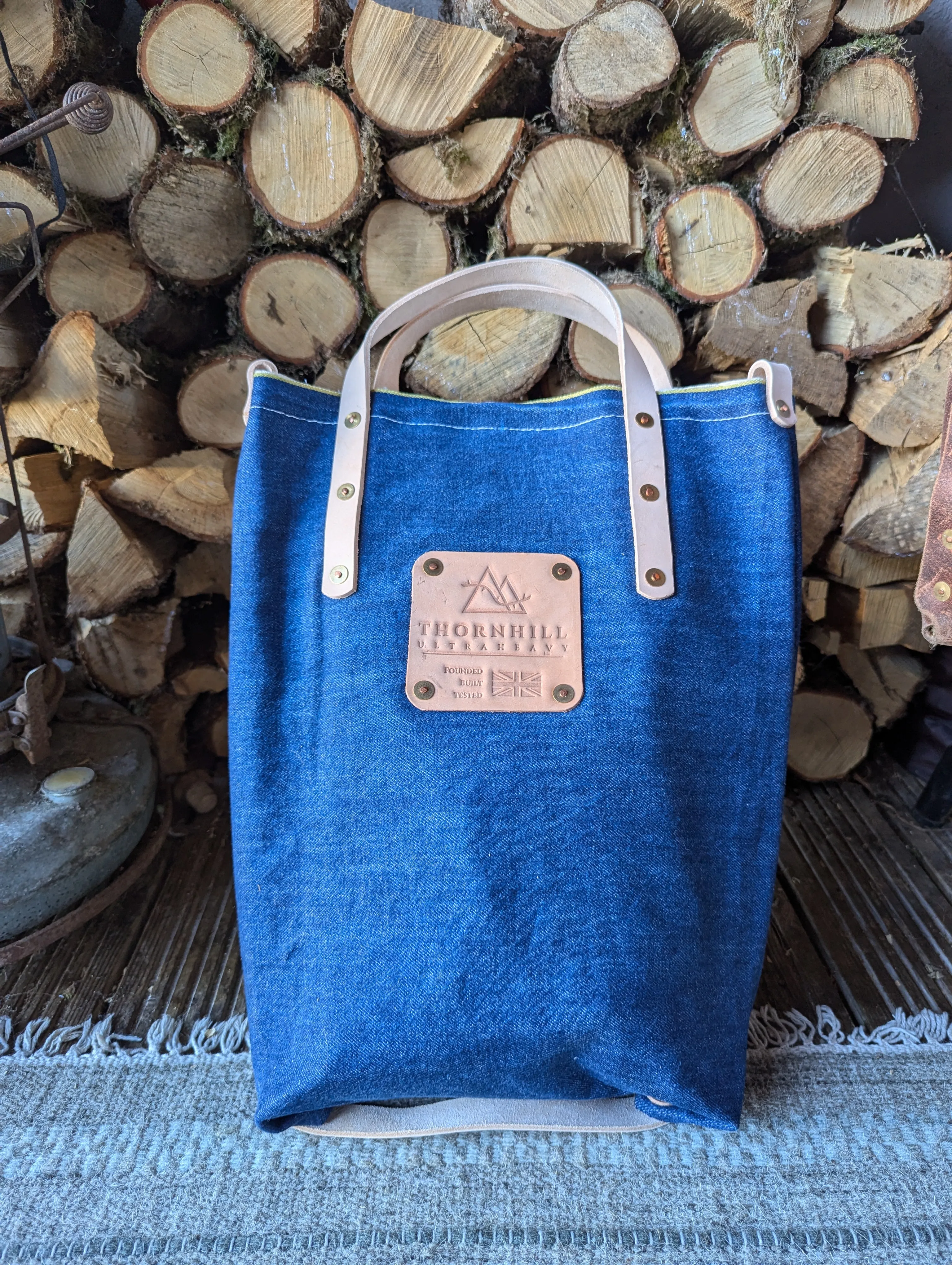 Tote bags, double-lined denim or canvas with leather handles