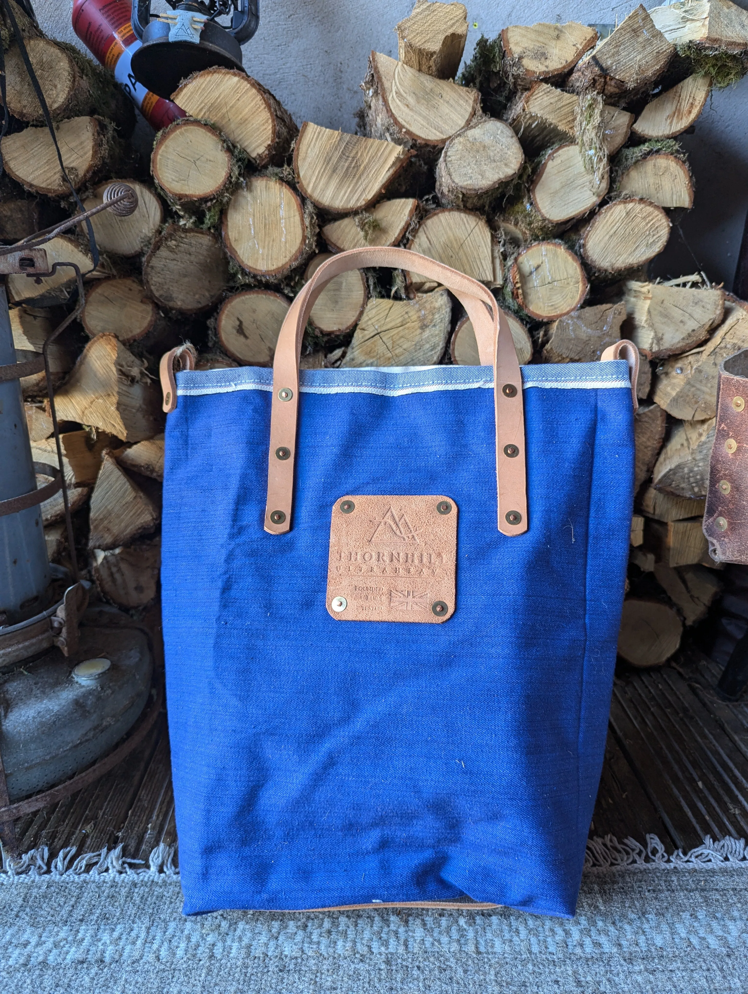 Tote bags, double-lined denim or canvas with leather handles