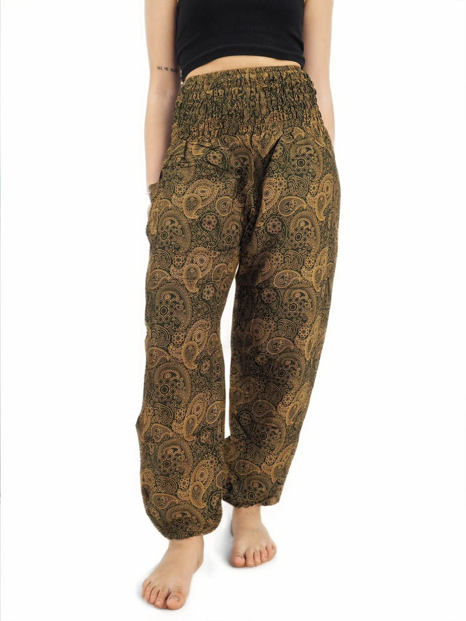 Unisex Harem Yoga Hippie Boho Pants Olive Green Paisly Print M-XL