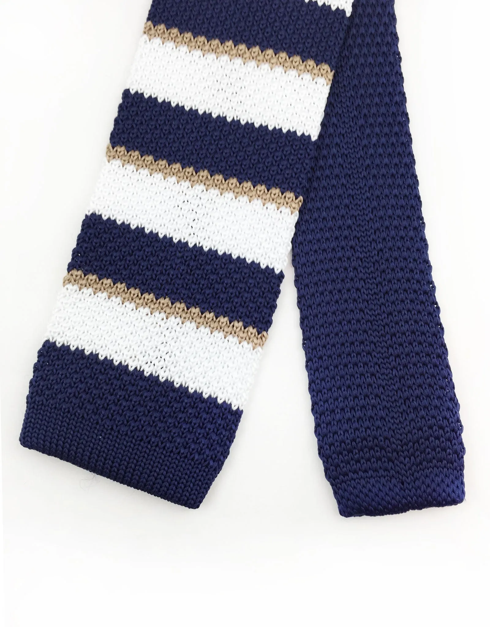 White, Navy Blue & Taupe Striped Knit Tie