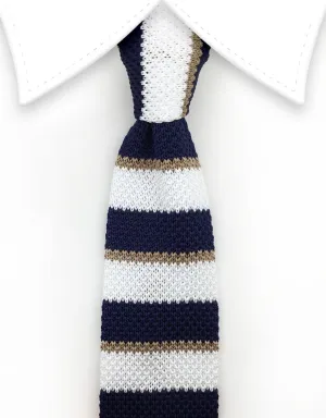 White, Navy Blue & Taupe Striped Knit Tie