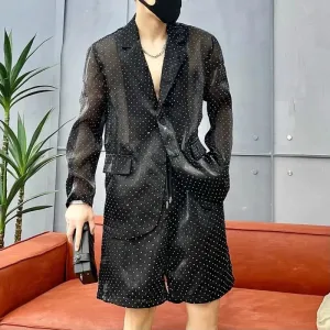 Wiaofellas  -  Summer New Men's Sunscreen Clothing Notched Button Polka Dot Patchwork Loose Long Sleeve Shorts Blazer Sets