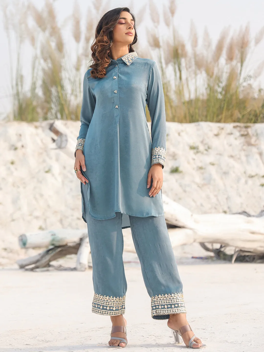 Women teal green woven design Co-ord set with gota detailing