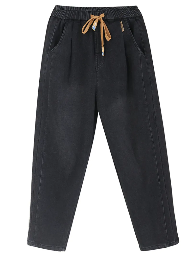 Women's Winter Velvet Thickened Jeans Elastic waist Tied Harem Pants